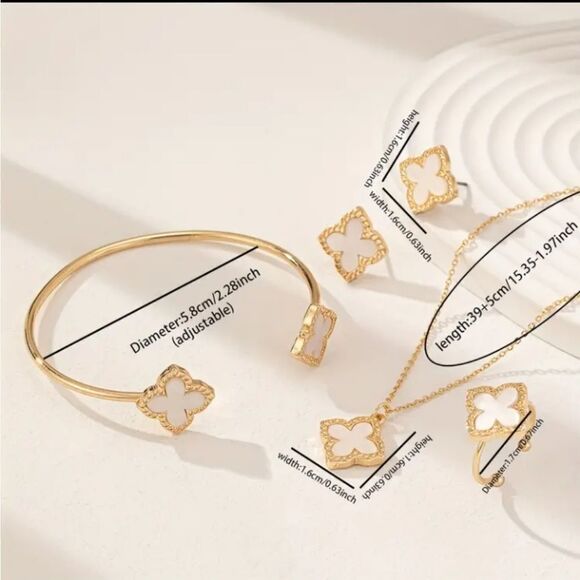 White Clover Motifs Set of Bangle Earrings Ring & Necklace - Picture 2 of 5